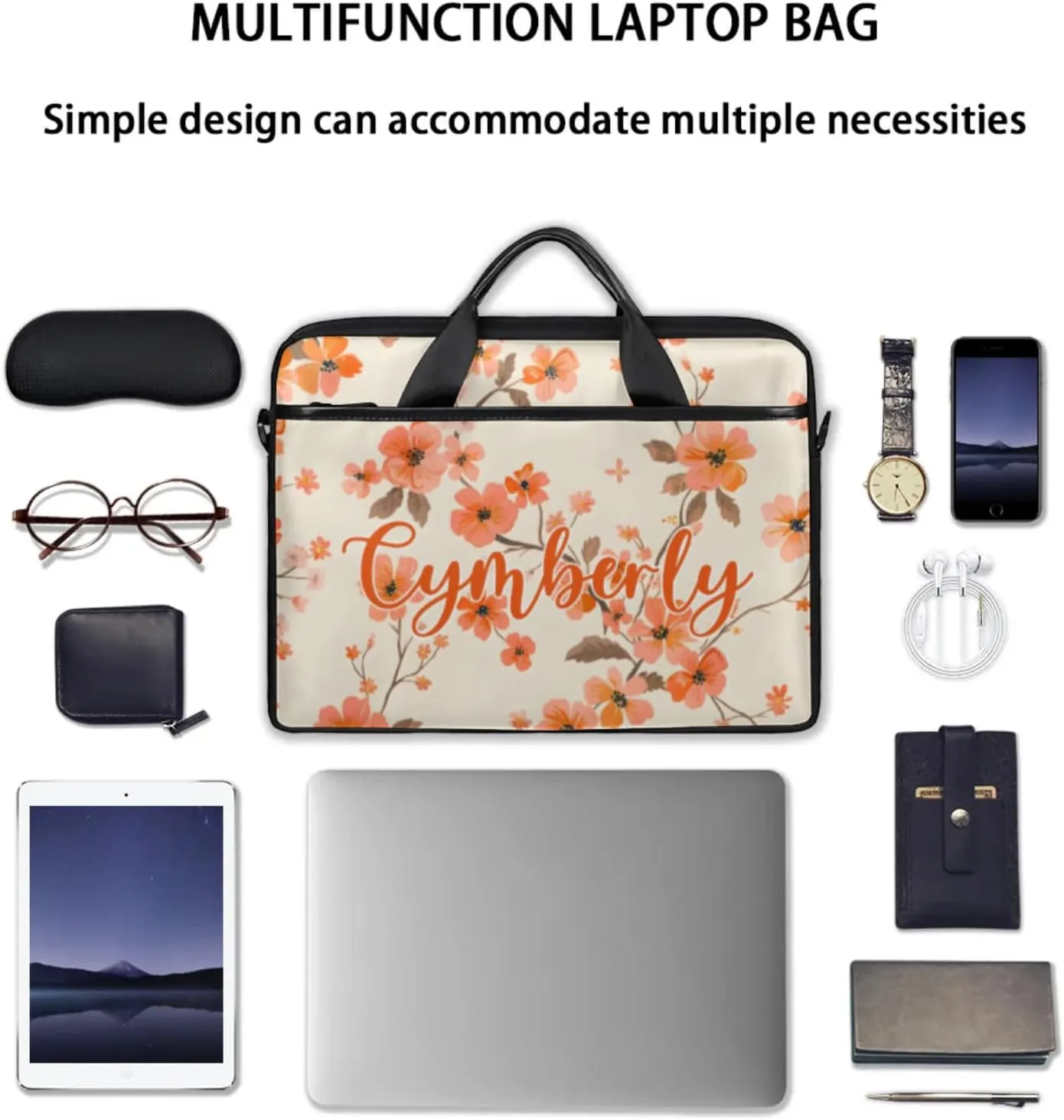 Custom Name Flower Laptop Bags for Women, Personalized Laptop Case Shoulder Bag, Sturdy Computer Bags
