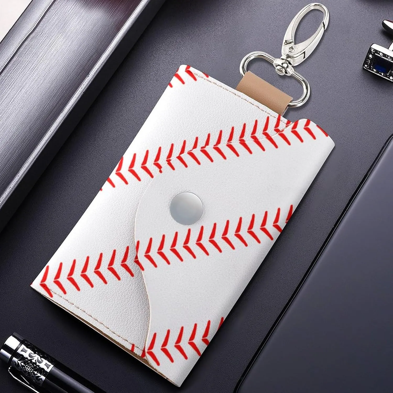 Cute Baseball Portable And Compact Leather Keybag