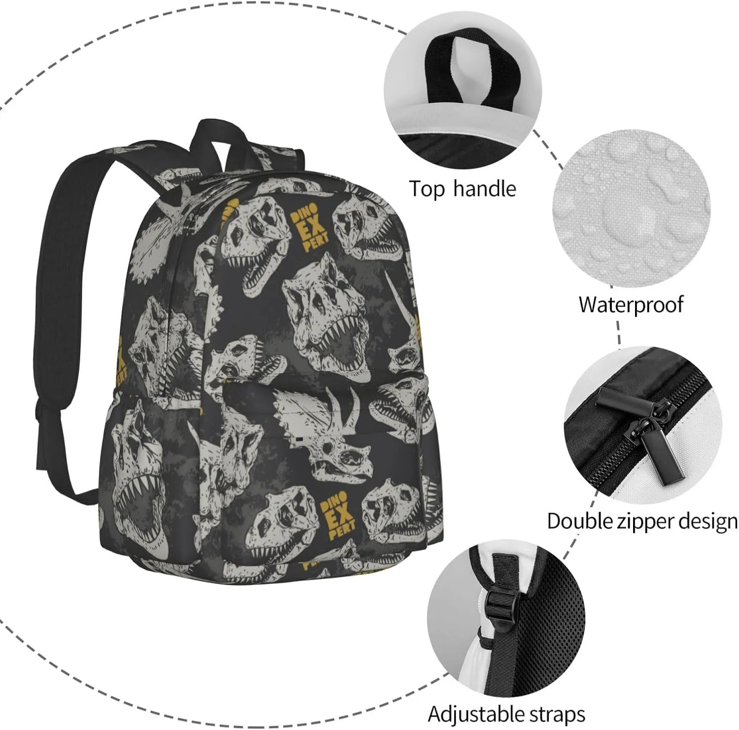 Dinosaur Skull Large Capacity Backpack Lightweight Personalized Laptop Bag Tablet Travel School Bag with Multiple Pockets