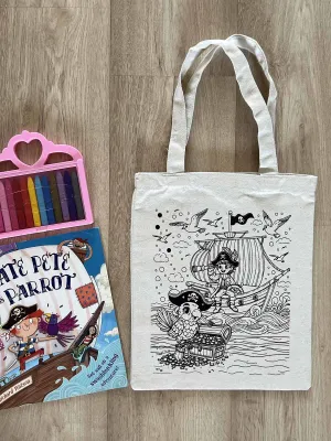 DIY Colouring Pirate and Parrot Tote Bag
