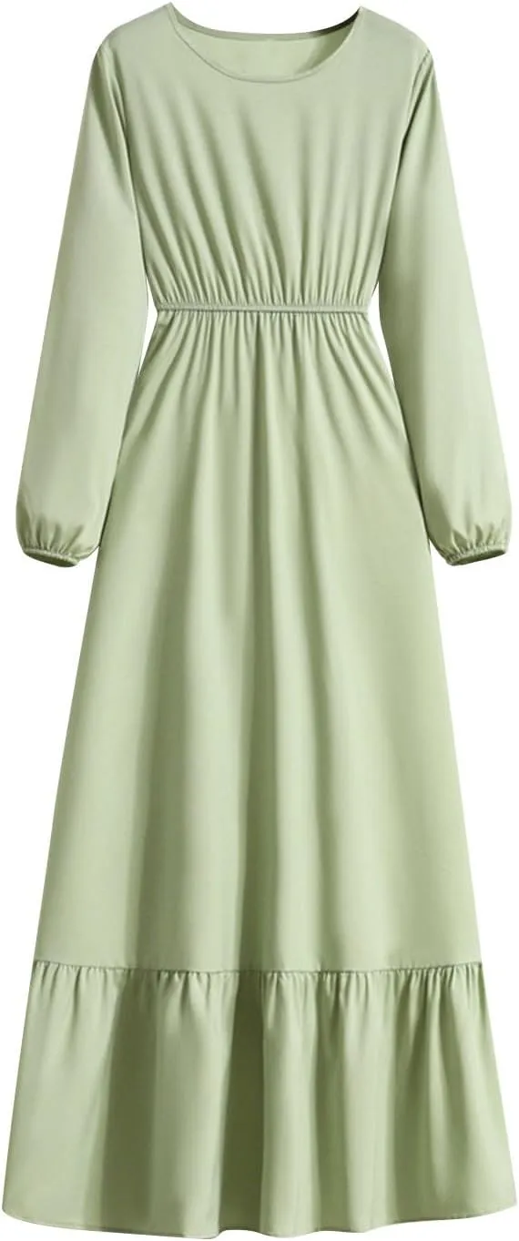 Dresses for Women Fall Casual 2024 Big Hem Elastic Waist Flowy Dress Long Sleeve Comfy Outdoor Vacation Maxi Dresses
