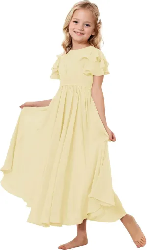 Flower Girl Dress for Wedding Bridesmaids Flowy Chiffon Ruffles Sleeve Pageant Long Dress for Junior