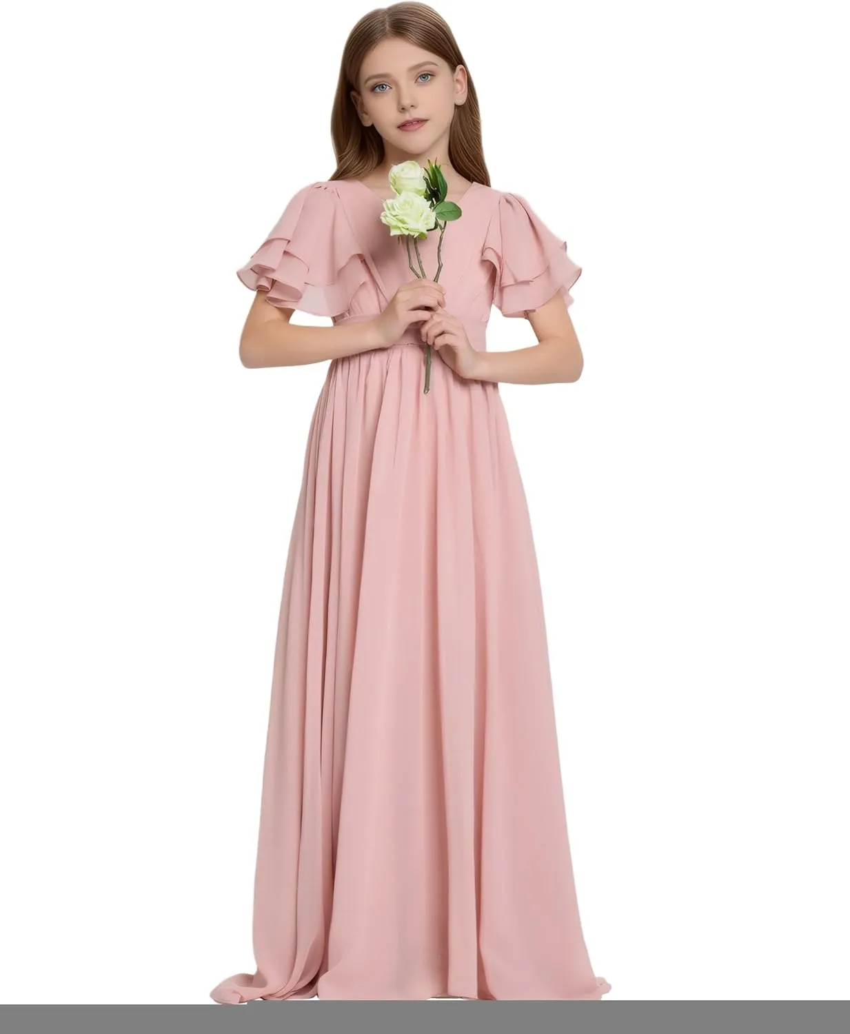 Flower Girl Dress for Wedding Bridesmaids Flowy Chiffon Ruffles Sleeve Pageant Long Dress for Junior