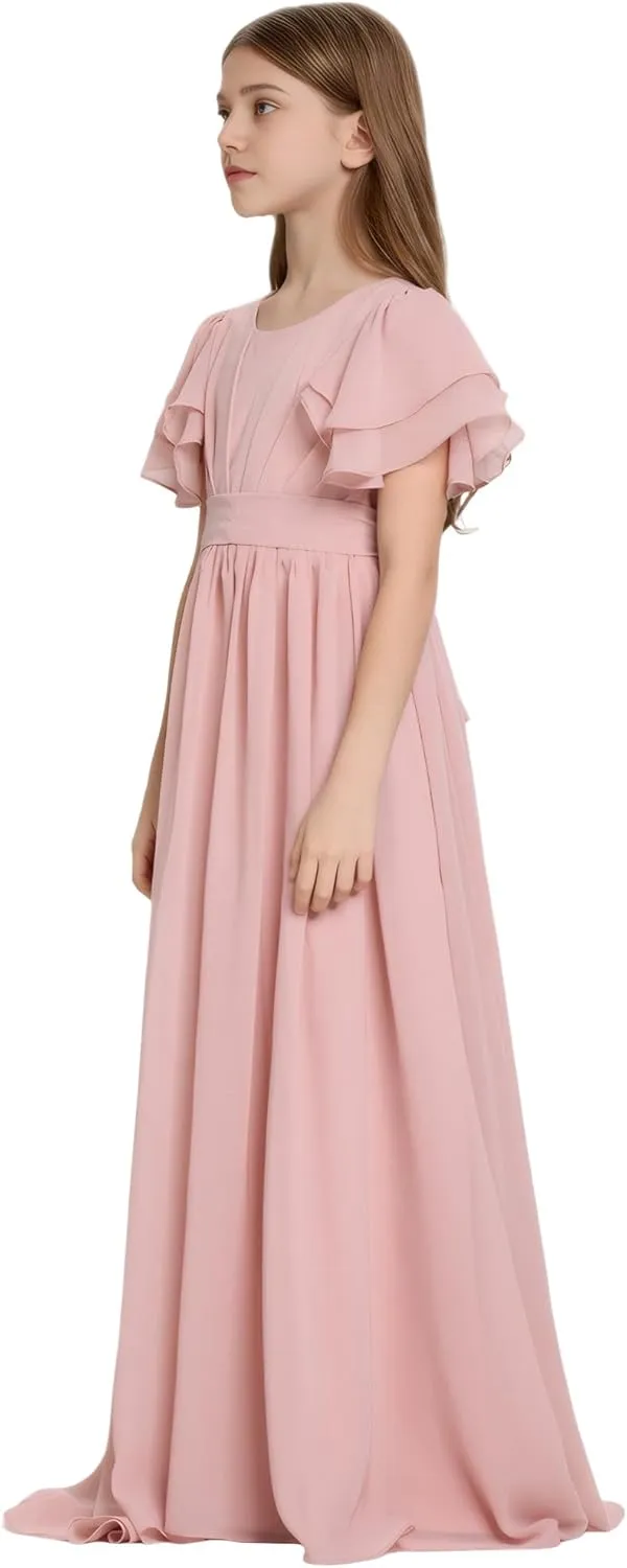Flower Girl Dress for Wedding Bridesmaids Flowy Chiffon Ruffles Sleeve Pageant Long Dress for Junior