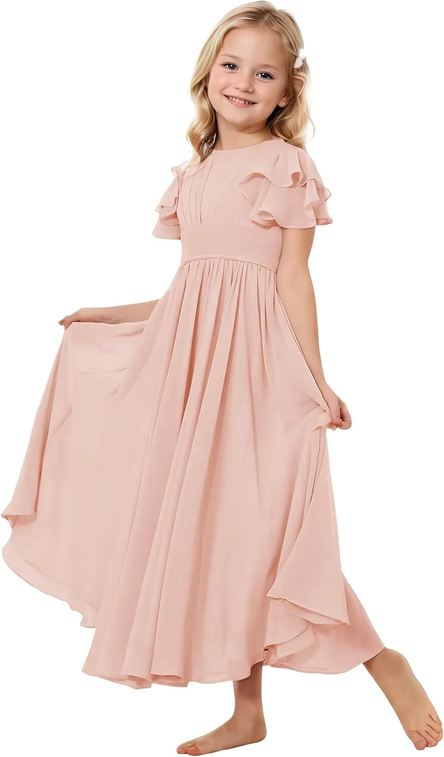 Flower Girl Dress for Wedding Bridesmaids Flowy Chiffon Ruffles Sleeve Pageant Long Dress for Junior