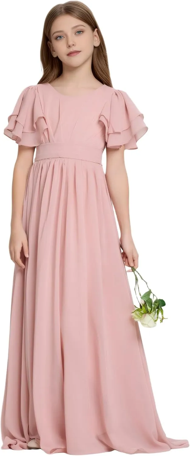 Flower Girl Dress for Wedding Bridesmaids Flowy Chiffon Ruffles Sleeve Pageant Long Dress for Junior