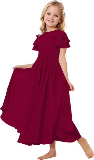 Flower Girl Dress for Wedding Bridesmaids Flowy Chiffon Ruffles Sleeve Pageant Long Dress for Junior