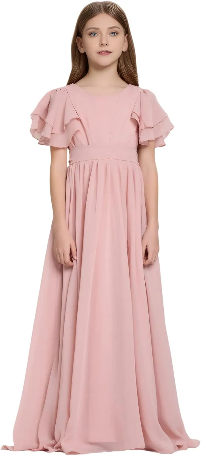 Flower Girl Dress for Wedding Bridesmaids Flowy Chiffon Ruffles Sleeve Pageant Long Dress for Junior