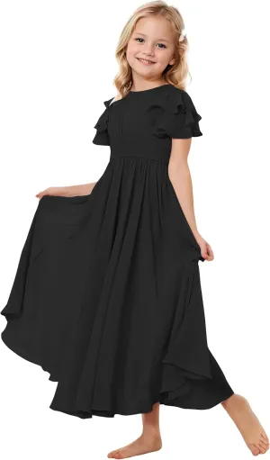 Flower Girl Dress for Wedding Bridesmaids Flowy Chiffon Ruffles Sleeve Pageant Long Dress for Junior