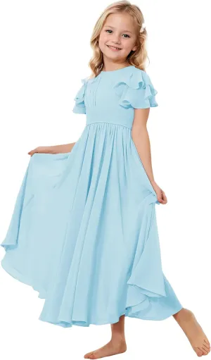 Flower Girl Dress for Wedding Bridesmaids Flowy Chiffon Ruffles Sleeve Pageant Long Dress for Junior
