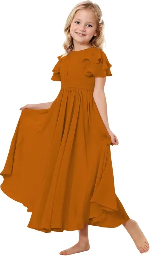 Flower Girl Dress for Wedding Bridesmaids Flowy Chiffon Ruffles Sleeve Pageant Long Dress for Junior