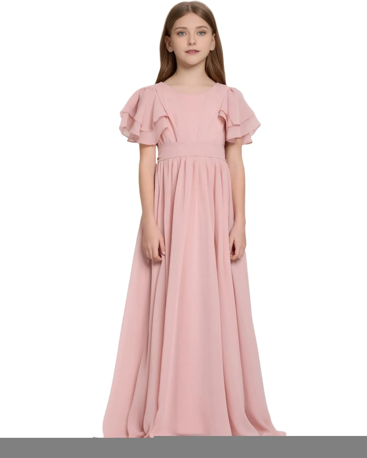 Flower Girl Dress for Wedding Bridesmaids Flowy Chiffon Ruffles Sleeve Pageant Long Dress for Junior