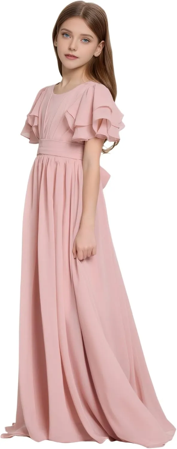 Flower Girl Dress for Wedding Bridesmaids Flowy Chiffon Ruffles Sleeve Pageant Long Dress for Junior