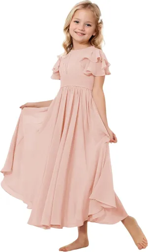 Flower Girl Dress for Wedding Bridesmaids Flowy Chiffon Ruffles Sleeve Pageant Long Dress for Junior