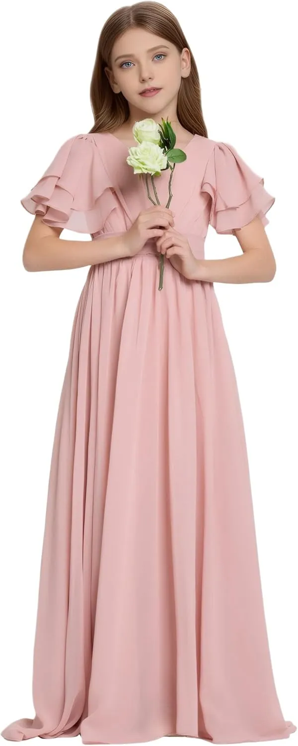 Flower Girl Dress for Wedding Bridesmaids Flowy Chiffon Ruffles Sleeve Pageant Long Dress for Junior
