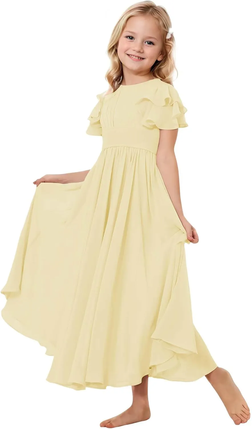 Flower Girl Dress for Wedding Bridesmaids Flowy Chiffon Ruffles Sleeve Pageant Long Dress for Junior