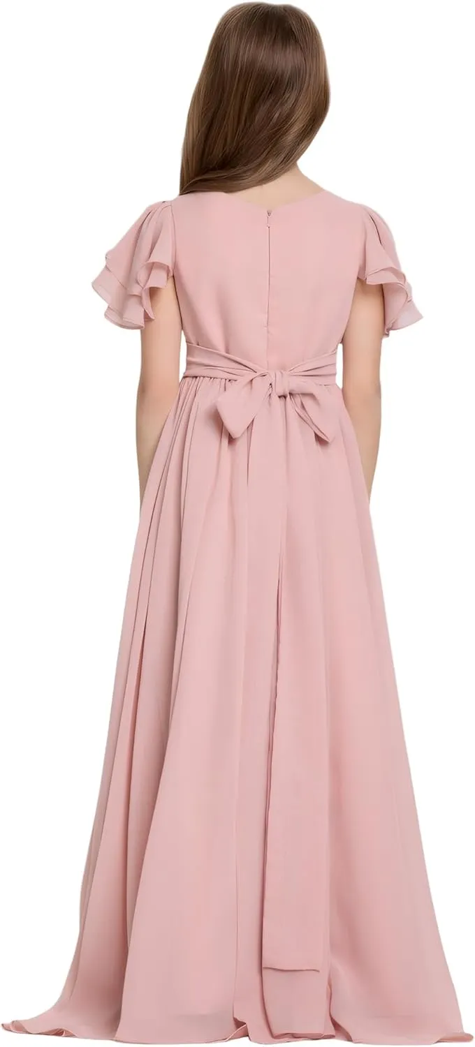 Flower Girl Dress for Wedding Bridesmaids Flowy Chiffon Ruffles Sleeve Pageant Long Dress for Junior