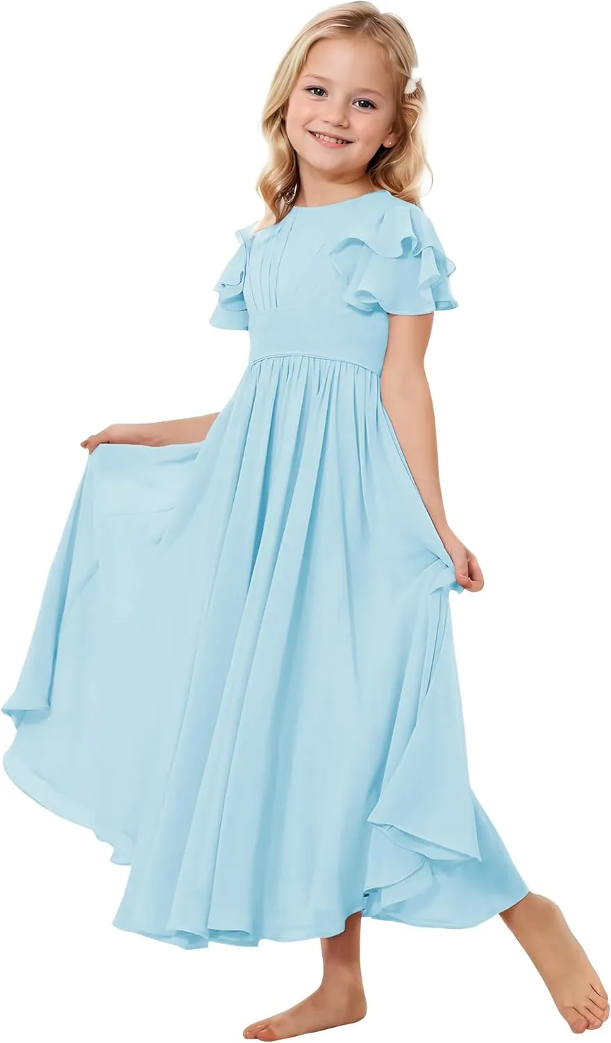 Flower Girl Dress for Wedding Bridesmaids Flowy Chiffon Ruffles Sleeve Pageant Long Dress for Junior