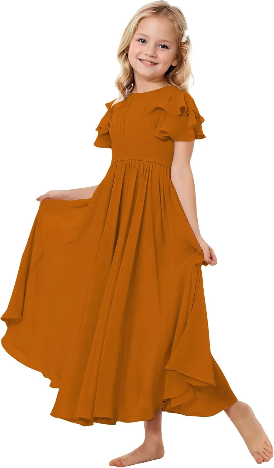 Flower Girl Dress for Wedding Bridesmaids Flowy Chiffon Ruffles Sleeve Pageant Long Dress for Junior