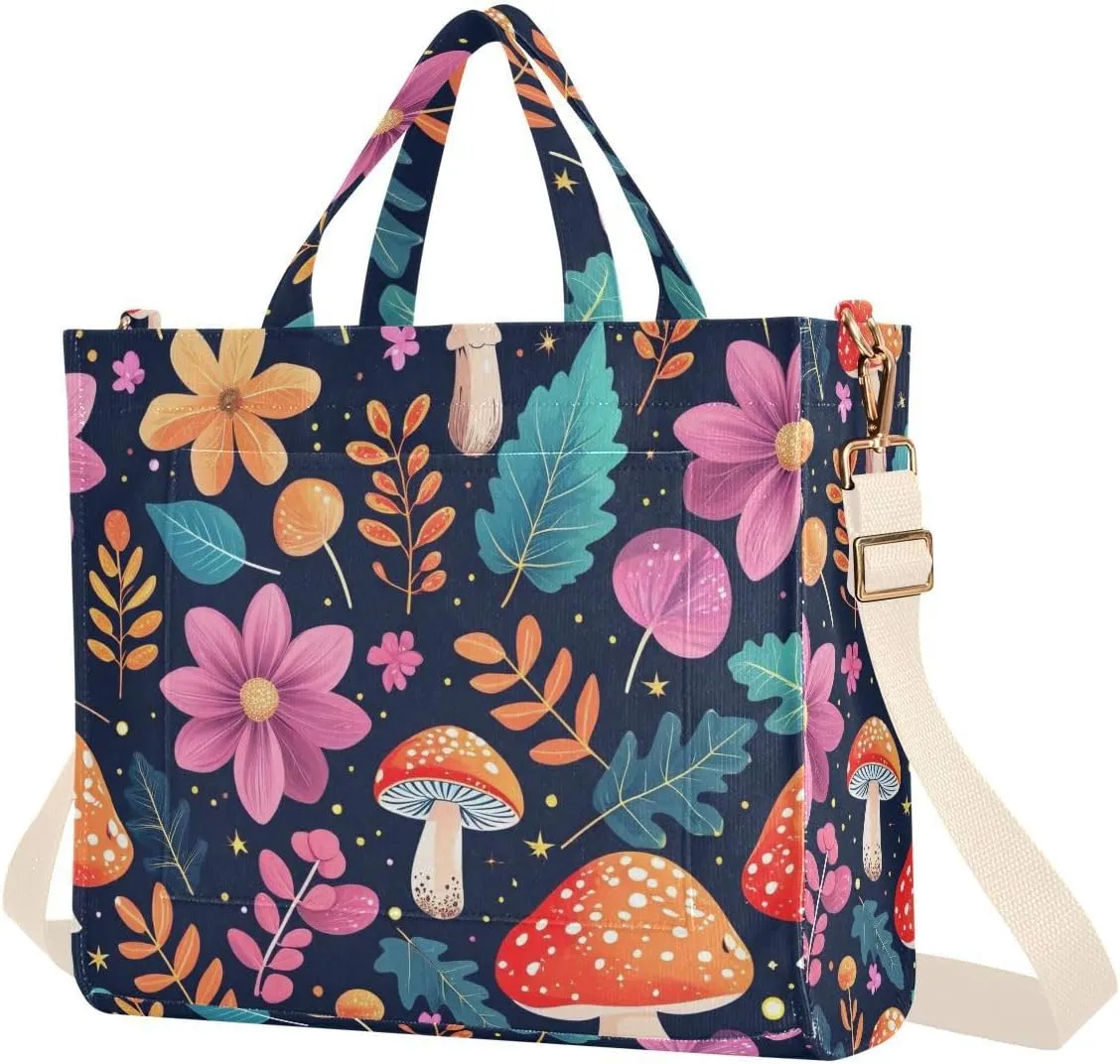Flowers and Mushrooms Corduroy Tote Bag for Women Hobo Crossbody Bag Purse Stylish Shoulder Handbag Messenger Bags, S