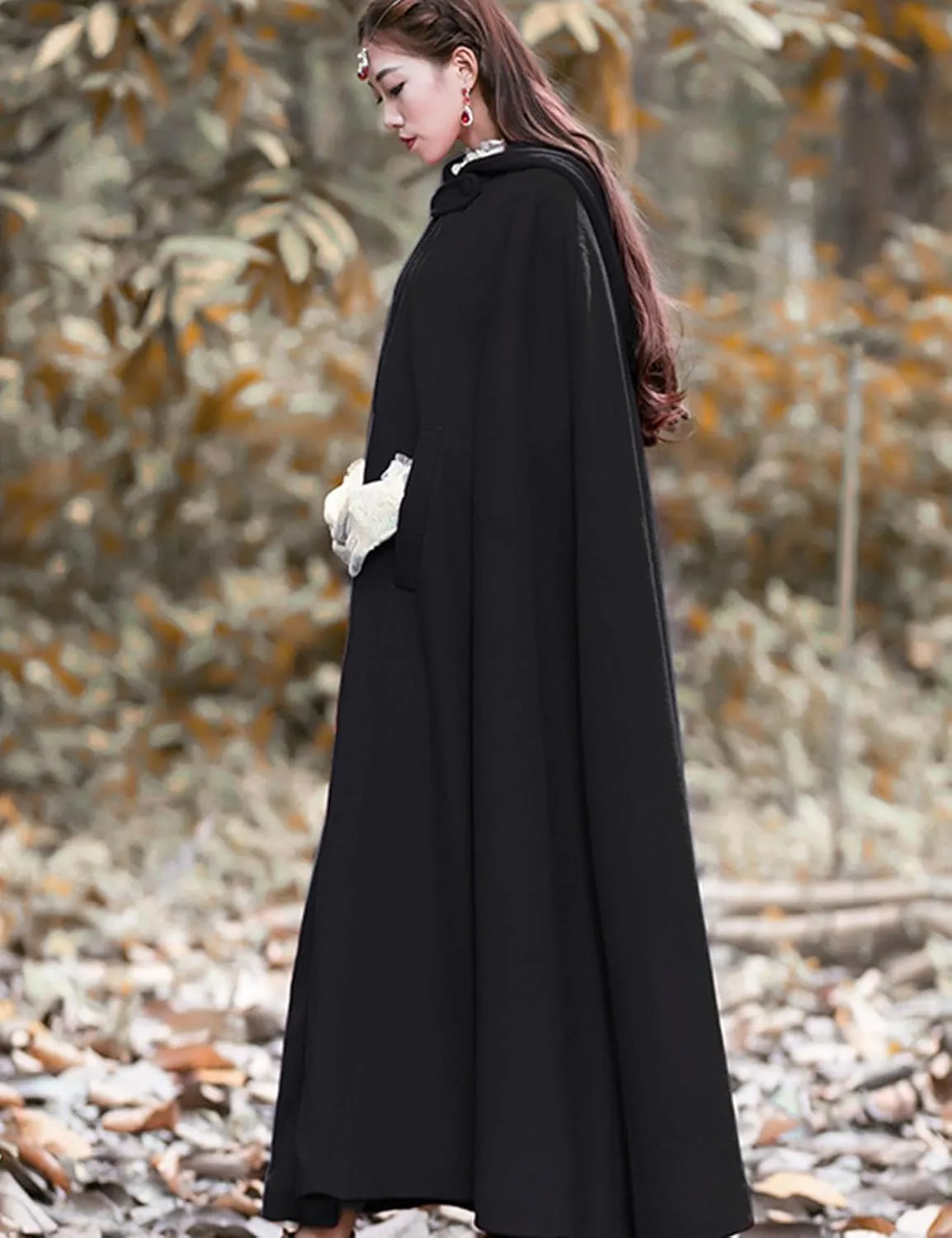 Flygo Women Wool Blend Hooded Cape Fall Winter Cloak with Hood Windproof Poncho Maxi Coat