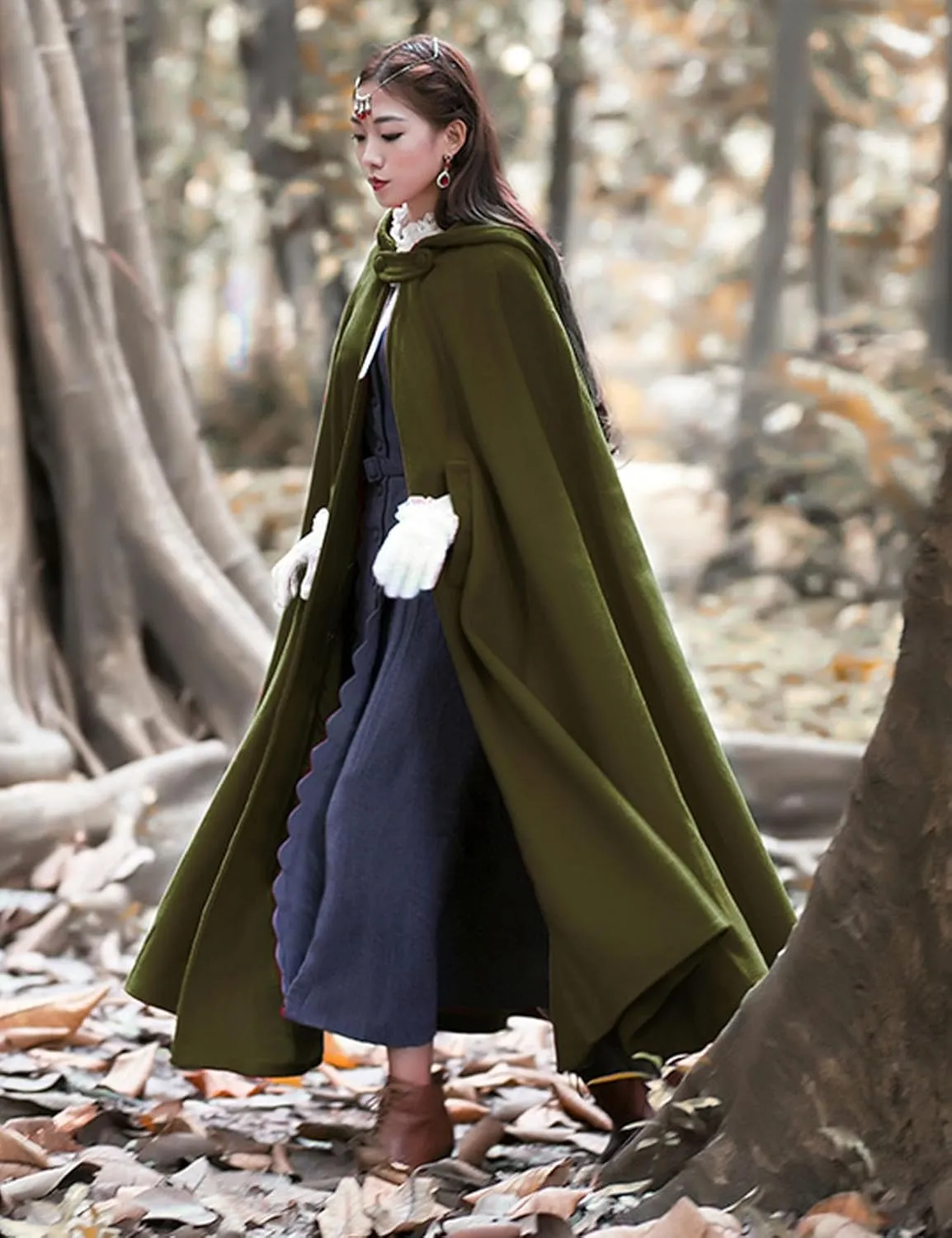 Flygo Women Wool Blend Hooded Cape Fall Winter Cloak with Hood Windproof Poncho Maxi Coat