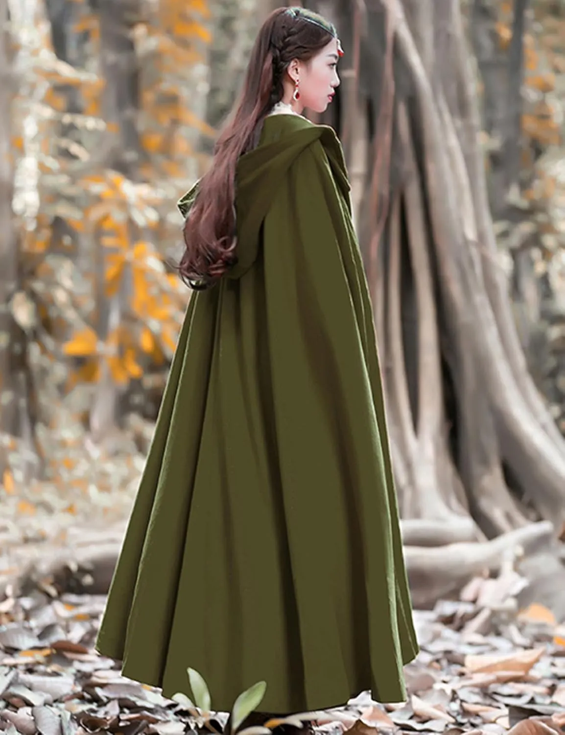 Flygo Women Wool Blend Hooded Cape Fall Winter Cloak with Hood Windproof Poncho Maxi Coat