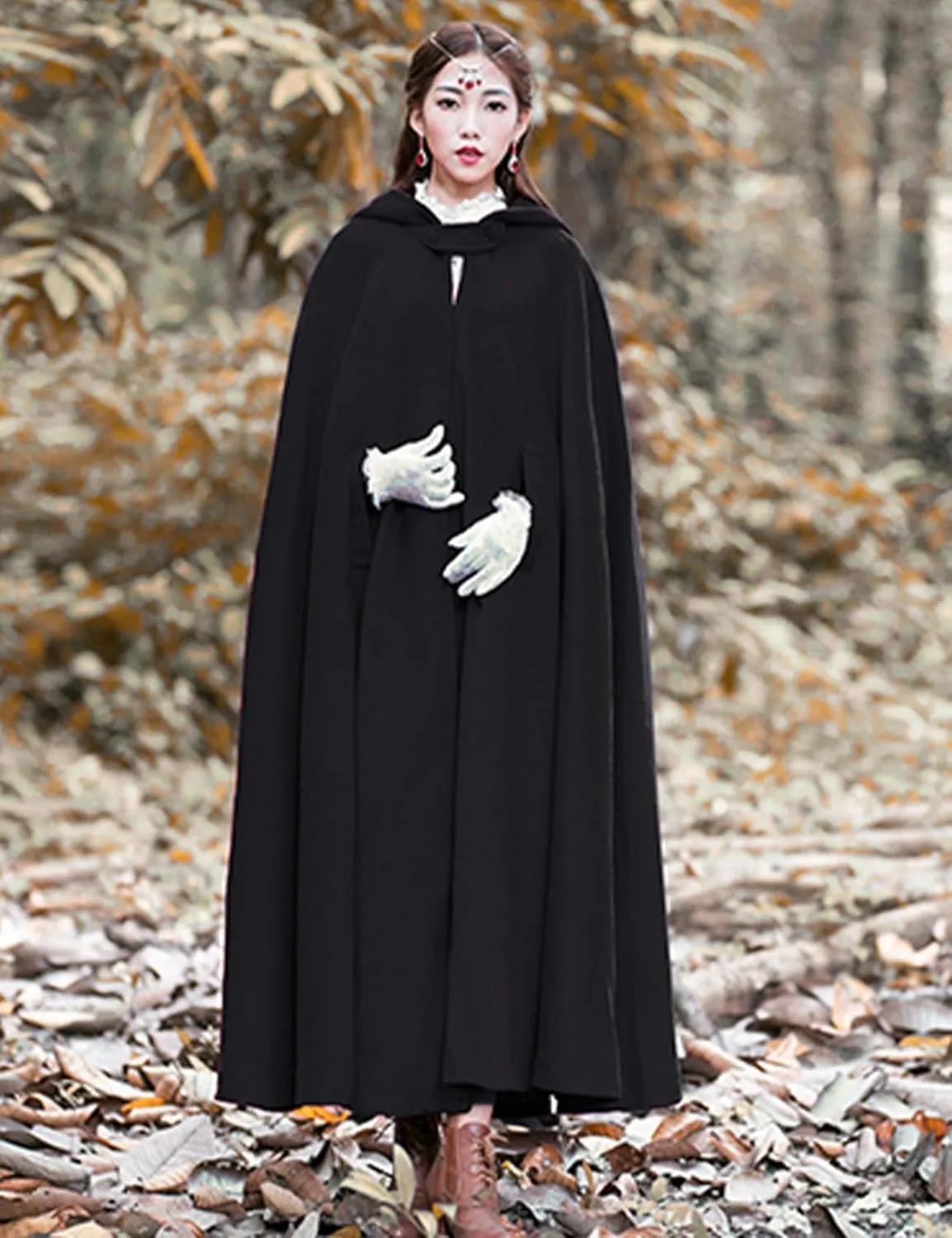 Flygo Women Wool Blend Hooded Cape Fall Winter Cloak with Hood Windproof Poncho Maxi Coat
