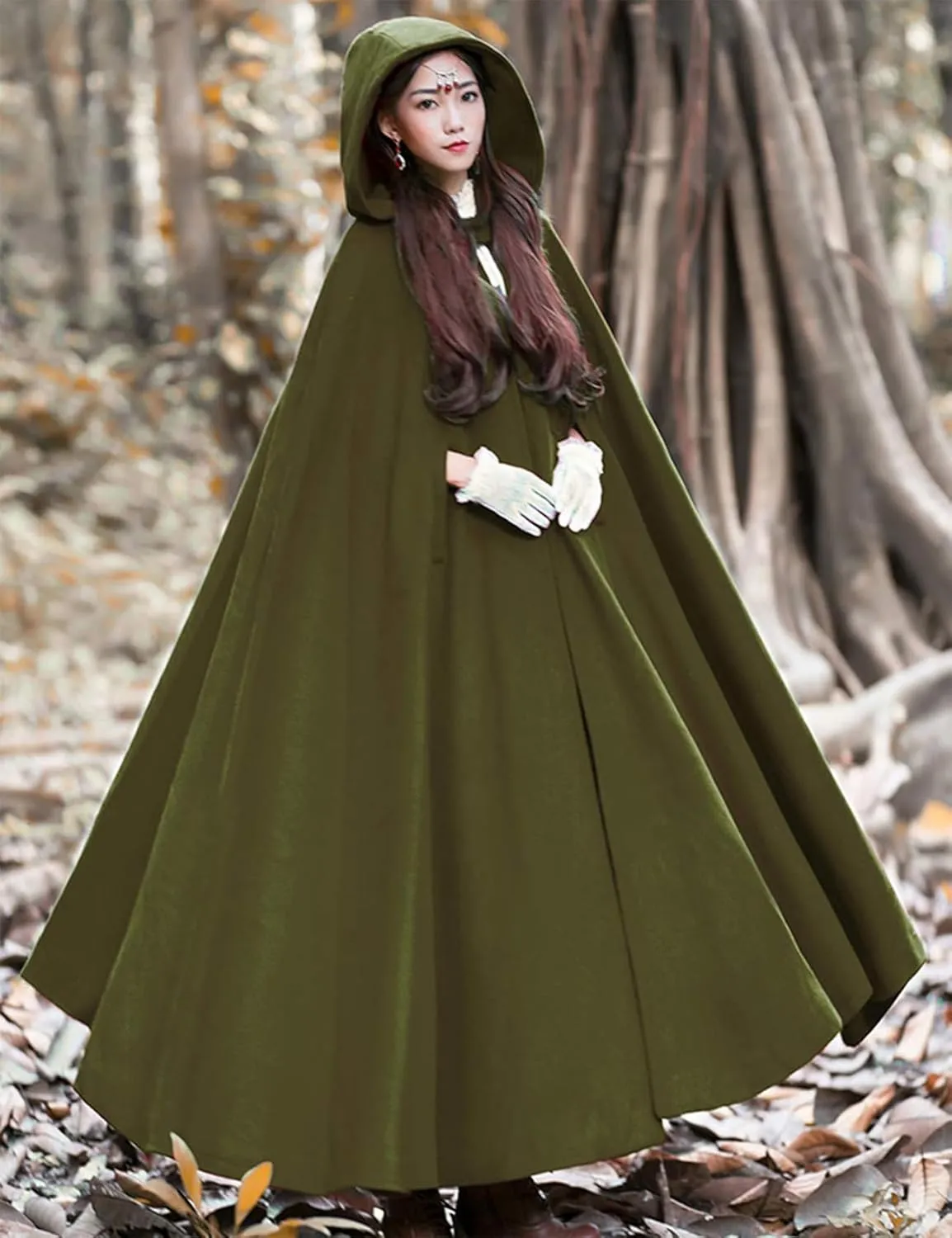 Flygo Women Wool Blend Hooded Cape Fall Winter Cloak with Hood Windproof Poncho Maxi Coat