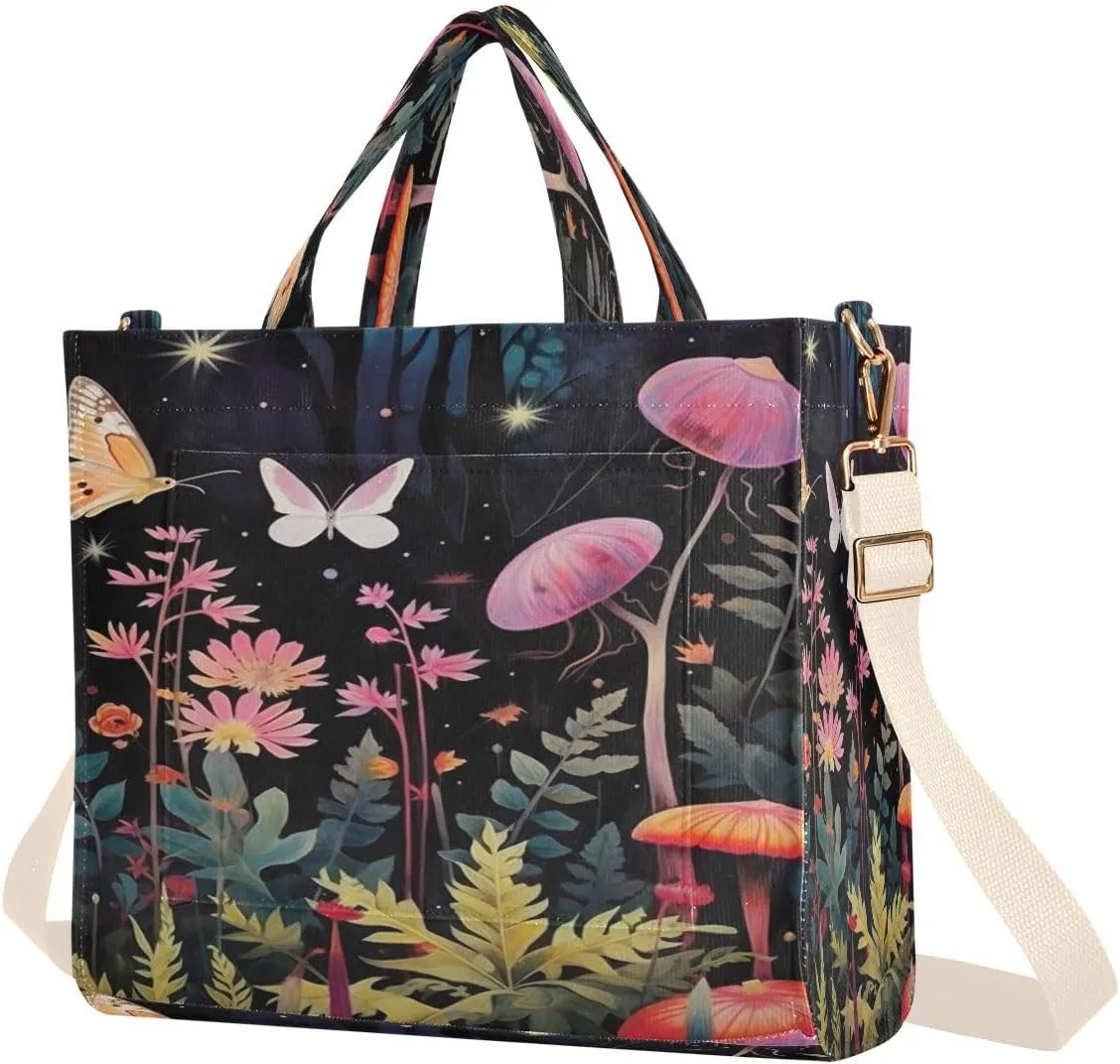 Forest Floral Mushroom Corduroy Tote Bag for Women Hobo Crossbody Bag Purse Stylish Shoulder Handbag Messenger Bags, S