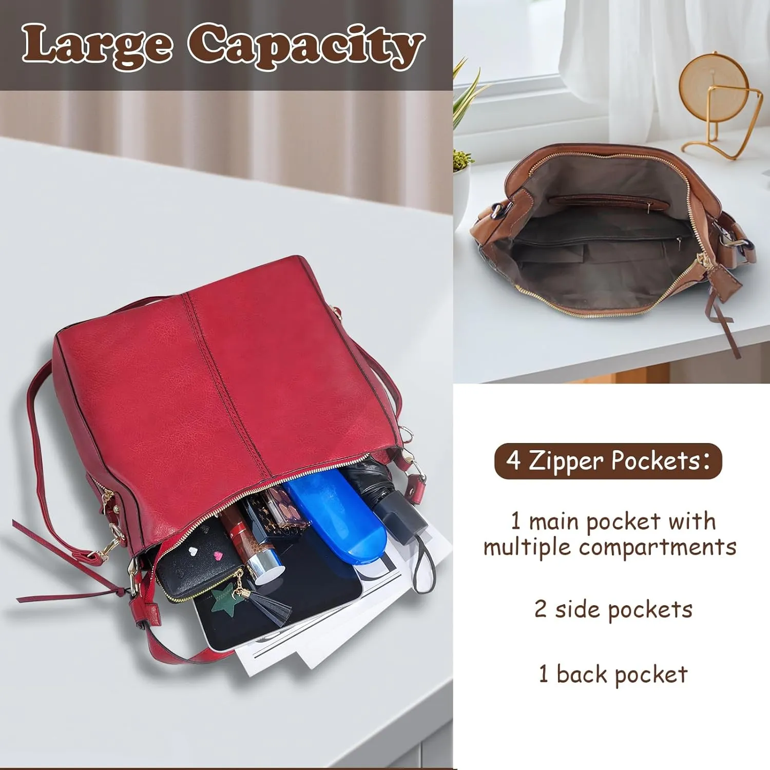 FuninCrea Women's Handbags, Multi-Pocket Shoulder Purse with Removable Strap, Faux Leather Hobo Bag with Convenient Handle