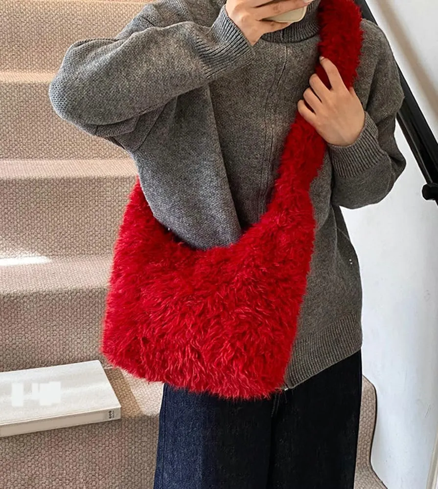 Fuzzy Tote Bags for Women Slouchy Hobo Bags for Women Faux Fur Shoulder Bag Trendy Purse Satchel Handbag Crossbody Bag