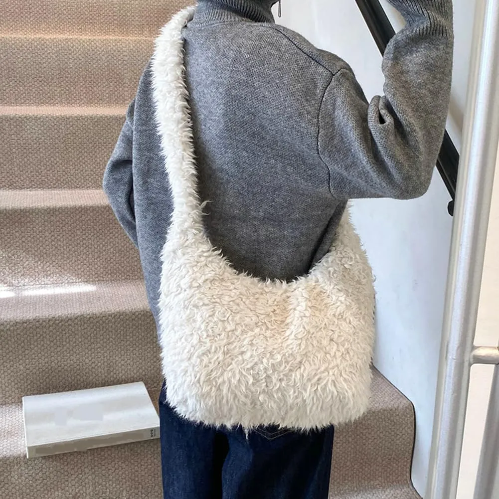 Fuzzy Tote Bags for Women Slouchy Hobo Bags for Women Faux Fur Shoulder Bag Trendy Purse Satchel Handbag Crossbody Bag