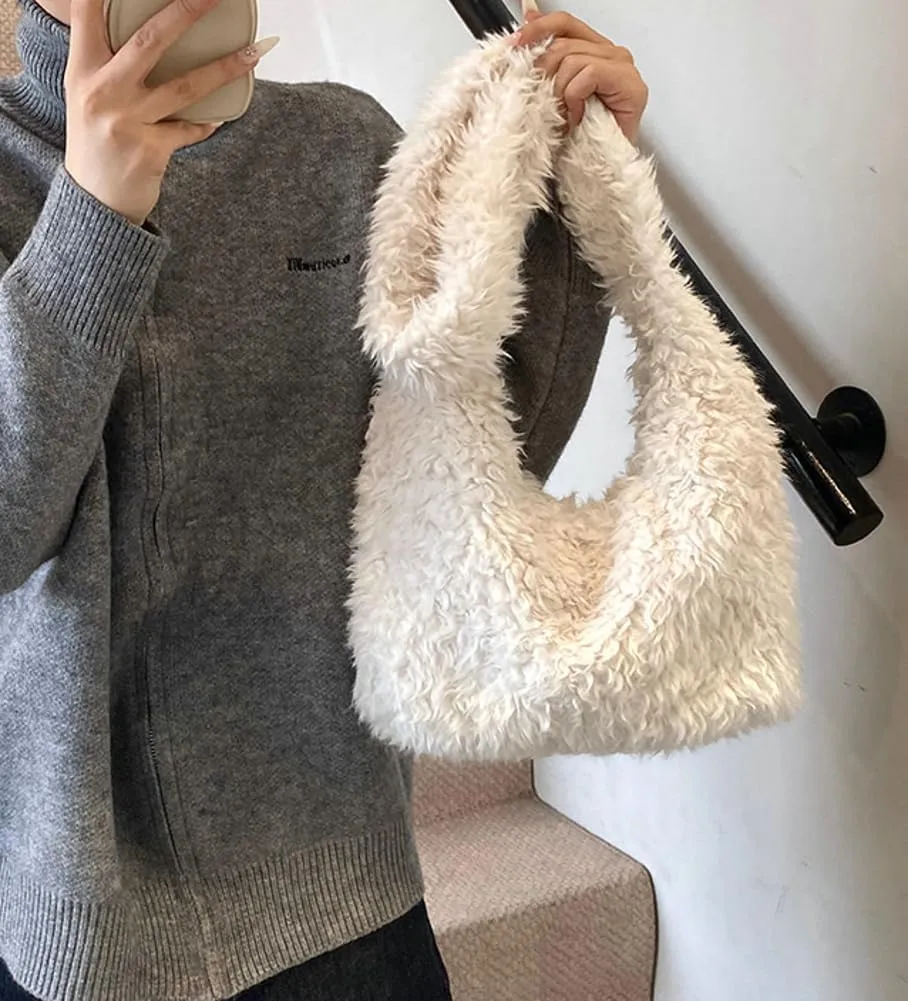 Fuzzy Tote Bags for Women Slouchy Hobo Bags for Women Faux Fur Shoulder Bag Trendy Purse Satchel Handbag Crossbody Bag
