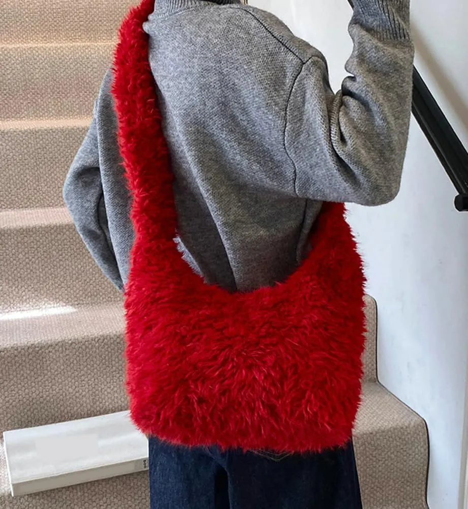 Fuzzy Tote Bags for Women Slouchy Hobo Bags for Women Faux Fur Shoulder Bag Trendy Purse Satchel Handbag Crossbody Bag