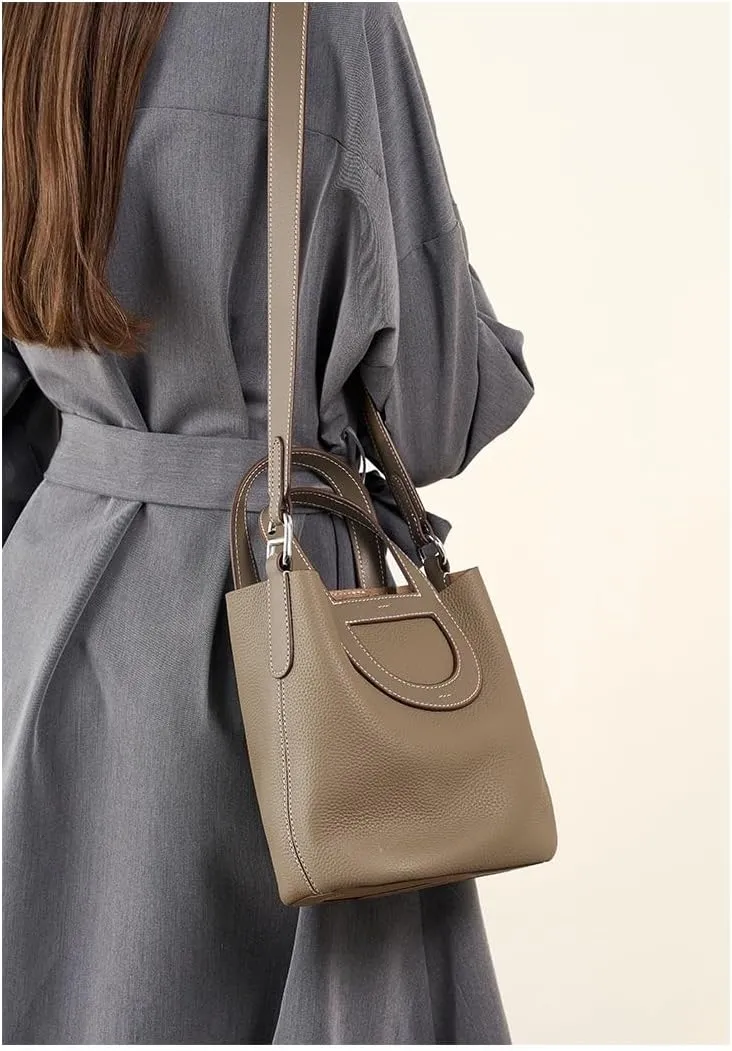 Genuine Leather Bucket Bags for Women, Ladie Crossbody Bags, Top-handle Purses with Adjustable Strap