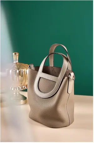 Genuine Leather Bucket Bags for Women, Ladie Crossbody Bags, Top-handle Purses with Adjustable Strap