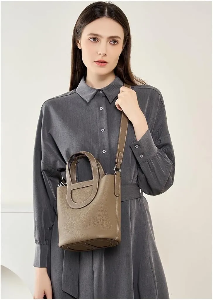 Genuine Leather Bucket Bags for Women, Ladie Crossbody Bags, Top-handle Purses with Adjustable Strap