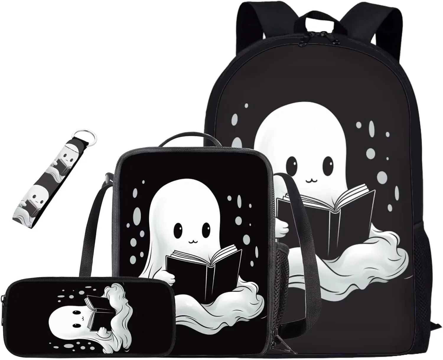 Ghost Backpacks for Teen Boys Girls 17 inch 4 Pcs Book Bag Set Convenient Enhancing Learning Experience Lightweight Large Capacity Suit for Elementary Middle School