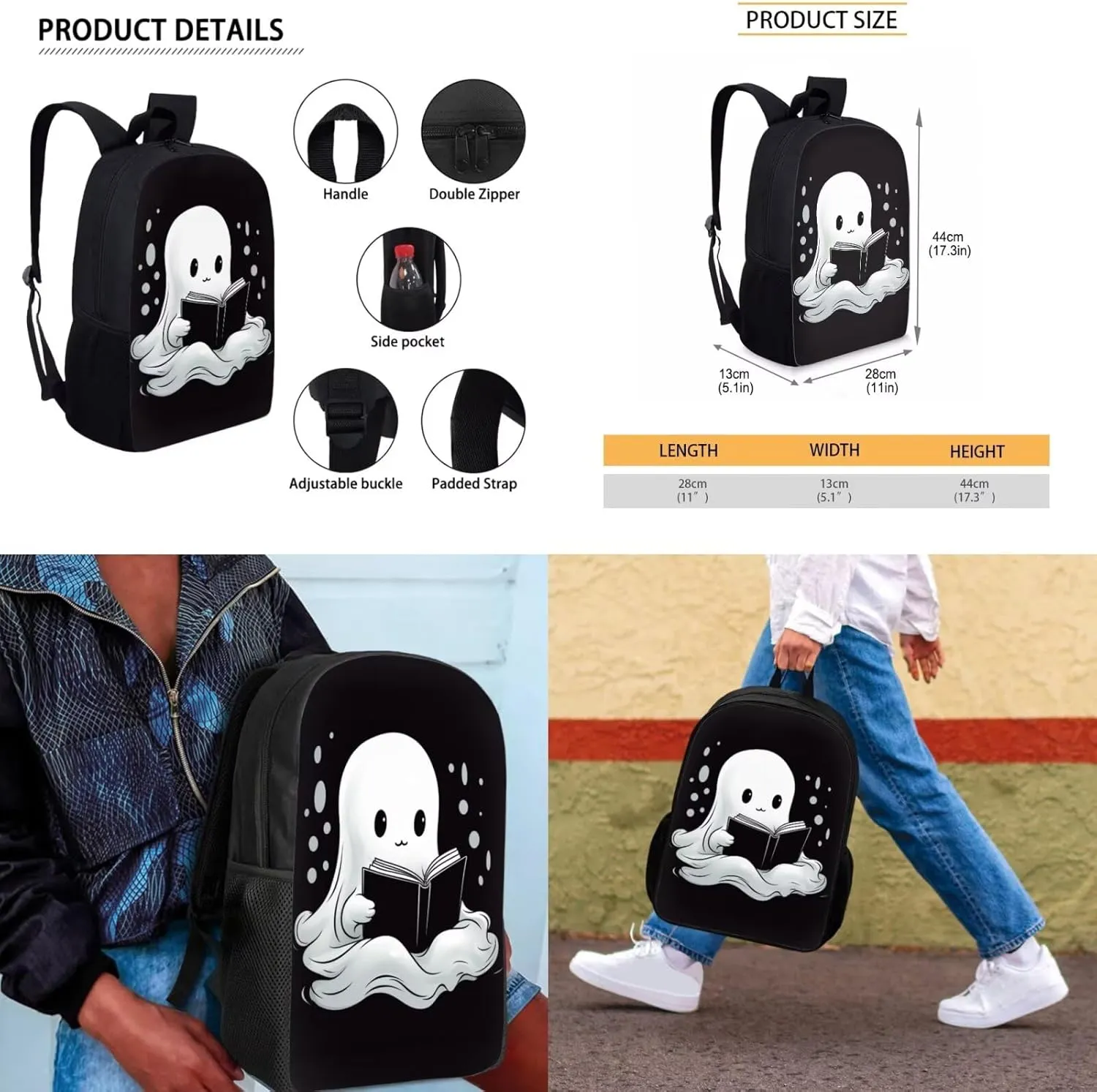 Ghost Backpacks for Teen Boys Girls 17 inch 4 Pcs Book Bag Set Convenient Enhancing Learning Experience Lightweight Large Capacity Suit for Elementary Middle School