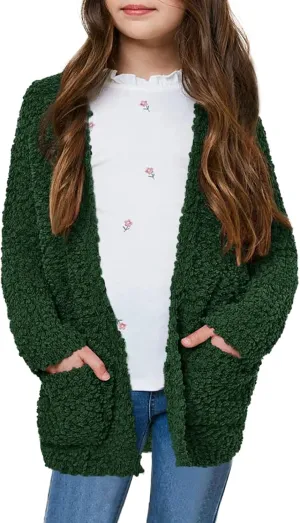 Girls Casual Open Front Long Sleeve Cardigan Pocket Fashion Sweater Outwear
