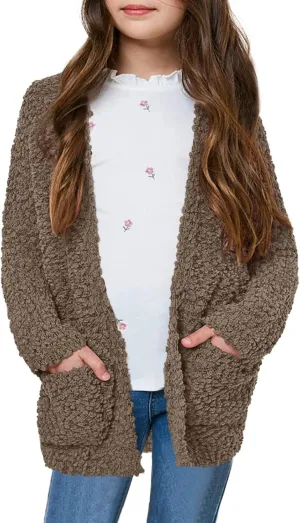 Girls Casual Open Front Long Sleeve Cardigan Pocket Fashion Sweater Outwear