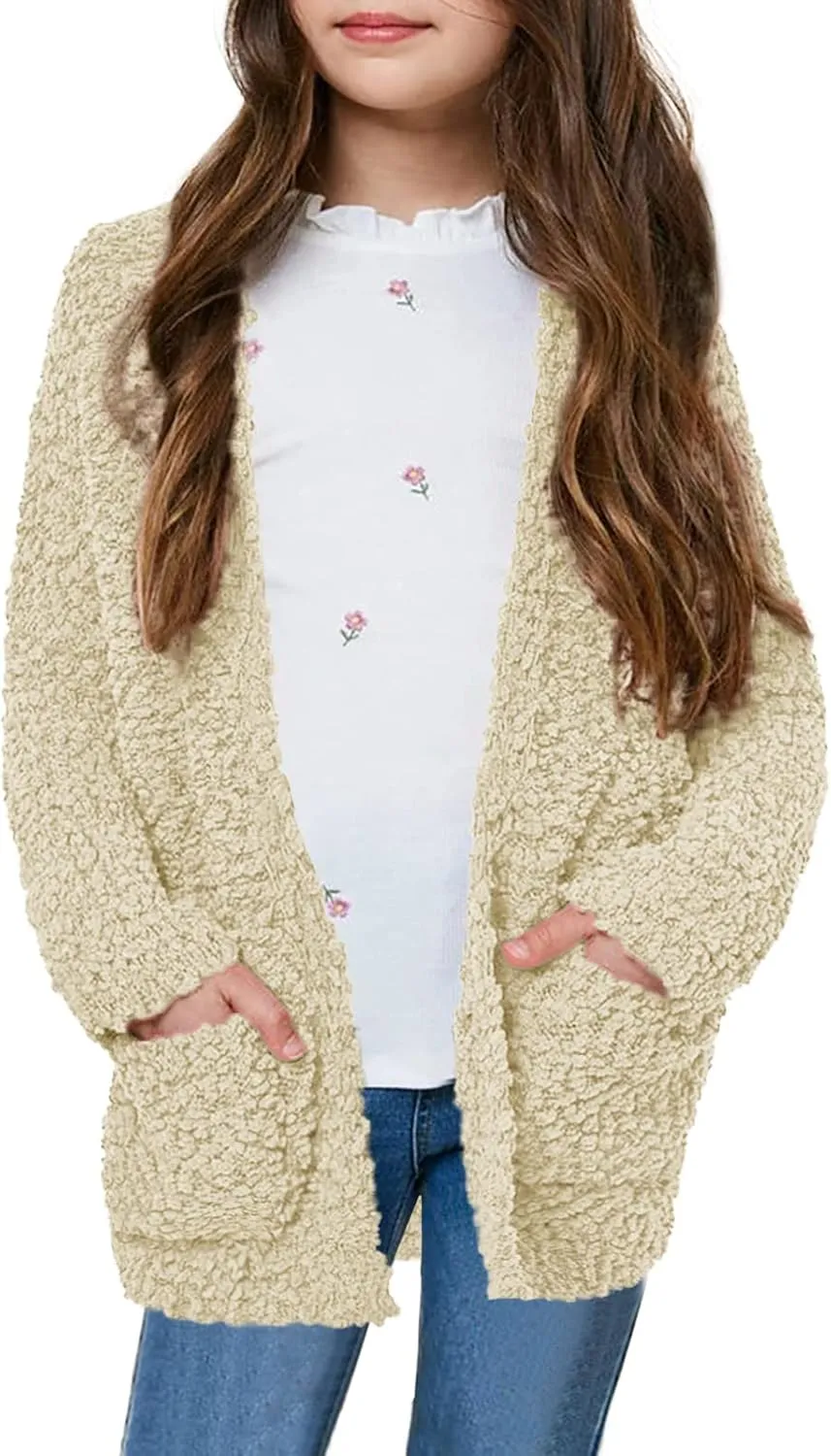 Girls Casual Open Front Long Sleeve Cardigan Pocket Fashion Sweater Outwear