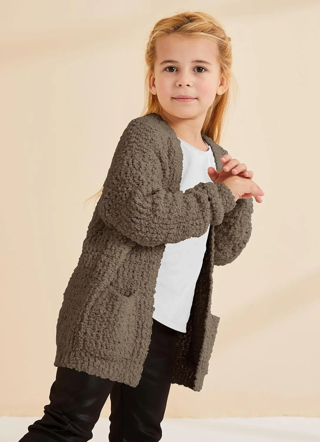 Girls Casual Open Front Long Sleeve Cardigan Pocket Fashion Sweater Outwear