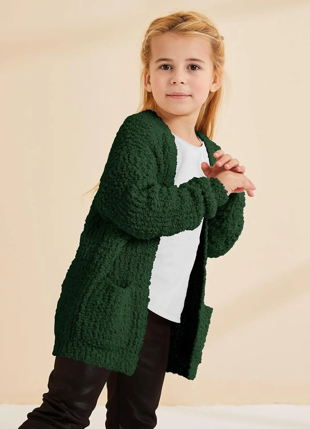 Girls Casual Open Front Long Sleeve Cardigan Pocket Fashion Sweater Outwear