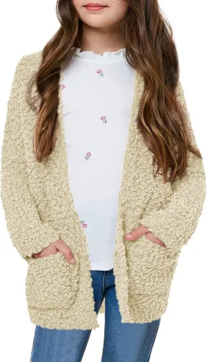 Girls Casual Open Front Long Sleeve Cardigan Pocket Fashion Sweater Outwear