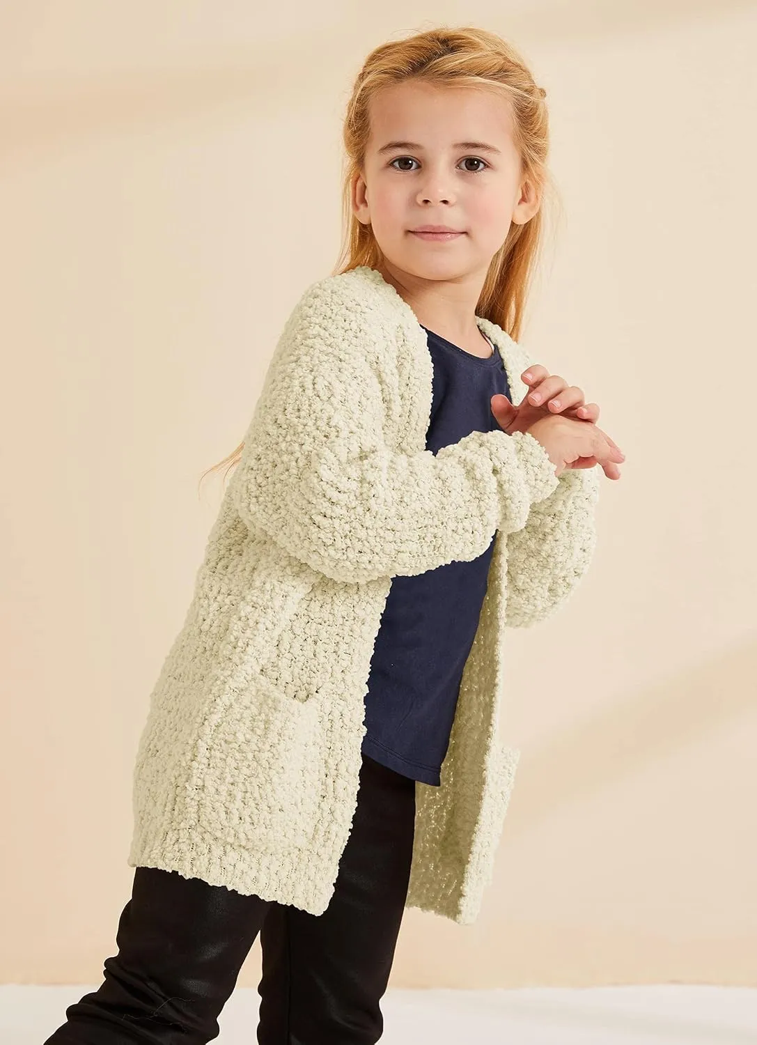 Girls Casual Open Front Long Sleeve Cardigan Pocket Fashion Sweater Outwear