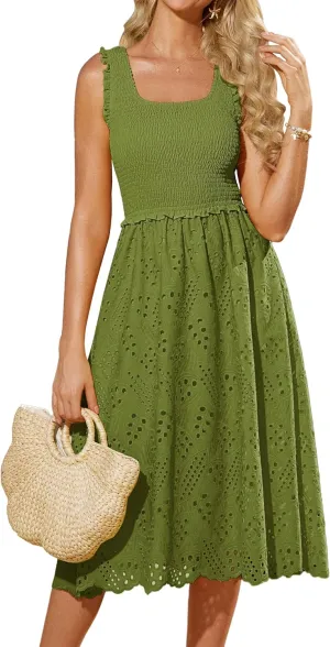GRACE KARIN 2025 Womens Dress Summer Sleeveless Casual Vacation Embroidered Midi Dress with Pockets