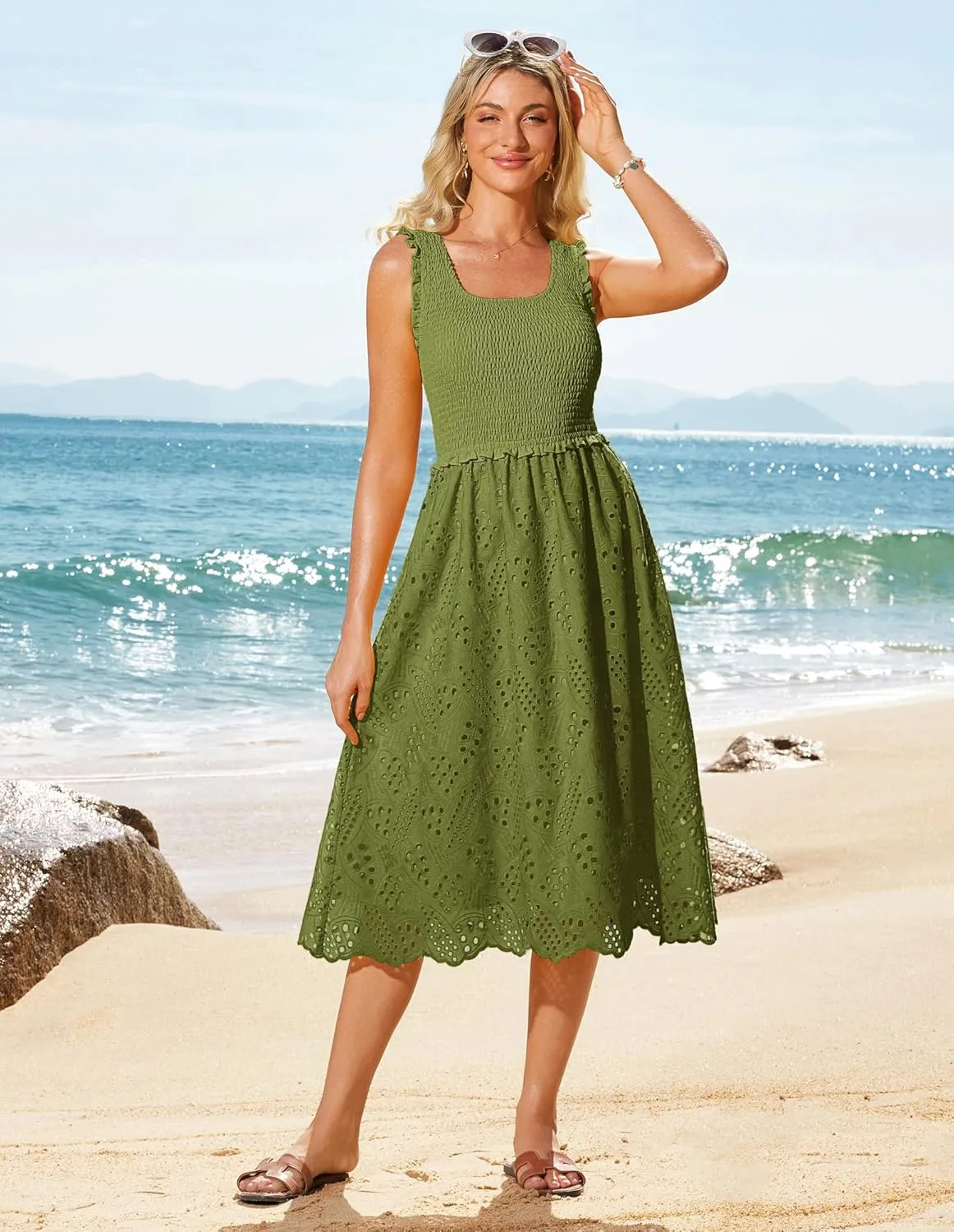 GRACE KARIN 2025 Womens Dress Summer Sleeveless Casual Vacation Embroidered Midi Dress with Pockets