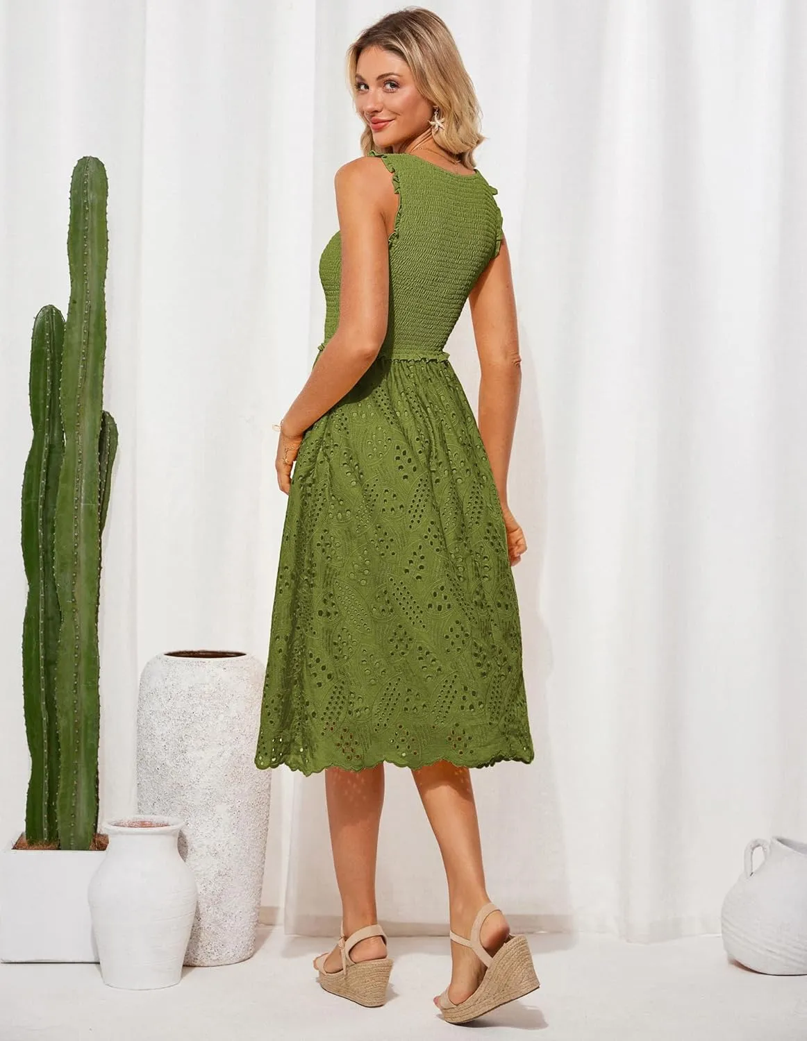 GRACE KARIN 2025 Womens Dress Summer Sleeveless Casual Vacation Embroidered Midi Dress with Pockets